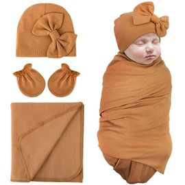 DRESHOW Newborn Receiving Blankets Cotton Warm Sleepsack with Mittens&Bow Hats Hospital Baby Swaddling