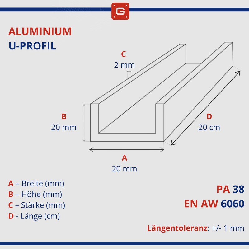 GAL-INDUSTRIAL Aluminium U Profile 20 x 20 x 20 x
