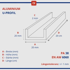 GAL-INDUSTRIAL Aluminium U Profile 20 x 20 x 20 x 2 mm 20 cm Aluminium Profile Aluminium PA38 Aluminium Rail U Profile Cut to Measure