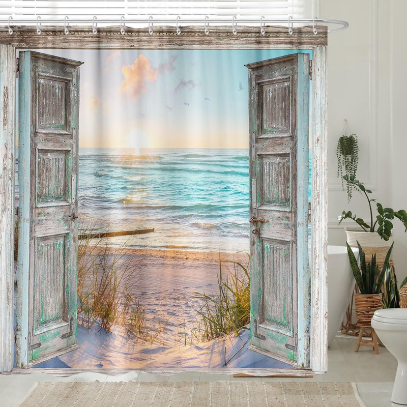 Boho Beach Coastal Shower Curtain, Teal Ocean Sunrise Seaside Seascape
