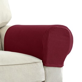 LINGXIYA Set of 2 Stretch Armrest Covers for Sofas,Couch Sofa Arm Covers Protectors,Soft Polyester Anti- Slip Armchair Cover for Chairs Recliner with Twist Pins (Wine Red)