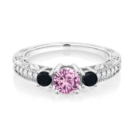 Gem Stone King 0.88 Cttw Round Pink Created Sapphire and Black Onyx 925 Sterling Silver Ring For Women | Gemstone Birthstone | Round 5MM and 3MM | Available In Size 5, 6, 7, 8, 9