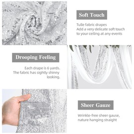Wedding Arch Draping Fabric, 1 Panel 28" x19ft White Wedding Arch Drapes & 1 Panel 16" x19ft Silver Sequin Fabric Drapes Arbor Backdrop Curtain for Wedding Arch Ceremony Bridal Shower Reception