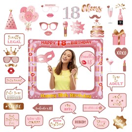 18th Birthday Decorations Girls Boys,Rose Gold Inflatable Selfie Frame&38Pcs 18th Birthday Photo Booth Props,Giant Inflatable Party Photo Booth Frame for Girls Ladies 18th Birthday Party Decorations