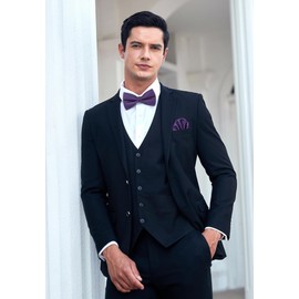 Enlision Mens Purple Bow Tie and Pocket Square Cufflinks Set Pre-tied Adjustable Bow Tie Solid Color BowTie Handkerchief for Party Wedding