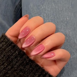 24PCS Pink Bling Press On Nails, Almond Short Stick On False Nails with Cat Eye Sparkly Look, 5-in-1 Soft Gel Natural Fit, Full Cover UV Coated ABS Material, Elegant and Trendy Nail Art