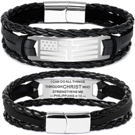 TOLOWOBK Christian Graduation Gifts 2025 Leather Bible Verse Bracelets American Flag Cross Bracelet Religious Gift for Men Baptism Confirmation Gifts for Teens Son Grandson Nephew Godson