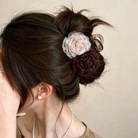 Large Chiffon Rose Flower Hair Claw Clips for Women Boho Mesh Floral Hair Pins Barrettes Strong Hold Non-Slip Beach Vacation Hair Accessories (Brown)