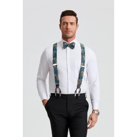 HISDERN Pajarita y tirantes para hombre, juego de corbatín de cachemira floral, ajustable, fuerte, 6 clips para bodas, fiestas, 7-green / Aqua / Brown, Talla única