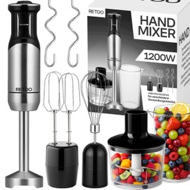 Retoo Hand Blender 1200 W Set 7-in-1 - 15000 rpm, 8 Levels + Turbo, Stainless Steel Purée Rod with Splash Guard, Chopper, Whisk & Measuring Cup, Multifunctional Hand Mixer