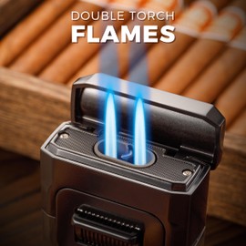 Woodronic Cigar Lighter with V-Cut Cigar Cutter and Cigar Holder, Refillable Dual Jet Lighter Without Butane, Lightweight and Windproof, Cigar Gift for Men, Black