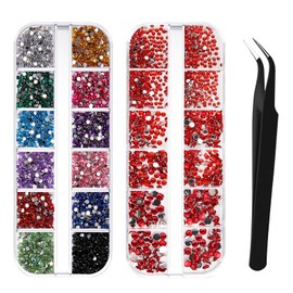3000Pcs Rhinestones, Nail Gems for Nail Art, 3 Sizes Flat Back Gems, Crystals Nail Rhinestone, Nail Art Tools for Crafts with Pick Up Tweezer (Red+Multi-colored)