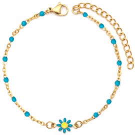 YeGieonr Daisy Flower Bead Bracelets for Women, 18K Gold Stainless Steel Colorful Y2k Adjustable Bracelet for Girls Summer Accessories