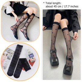 SamHeng 3 Pairs Knee High Socks, 3 Styles Elastic Printing Knee High Stockings Breathable Calf-Length Socks, See Through Nylon Stockings Fashion Sheer Pop Socks for Women Girls (Black)