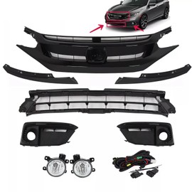 JX RACING · PERFORMANCE · ACCESSORIES 8PCS Of Front Grille/Fog Lights Gloss Black Set Compatible with 2019-2021 Honda Civic Sedan