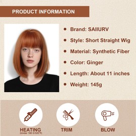 SAIIURV Ginger Wig with Fringe for Women Girls, 12 Inch/30 cm Women's Straight Bob Shoulder Length Colorful Synthetic Hair Dress Up Costumes Accessories for Cosplay Party Festival Fancy Dress (Orange)