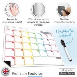 TMS A3 Monthly Planner Whiteboard | Magnetic Fridge Calendar for Meal Prep, Work or Family Planning | Made in the UK | Use for To-Do Lists, Notes or Reminders | for Home and Office [42 x 30cm]