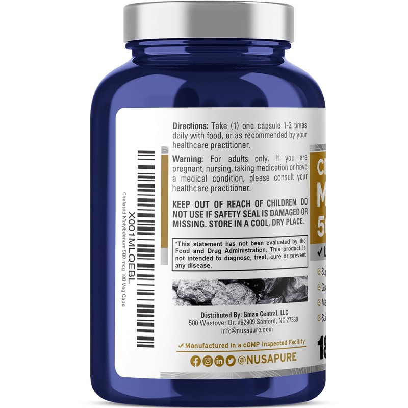 NusaPure Chelated Molybdenum 500 mcg 180 Vegetarian Caps (Vegan, Non-GMO)