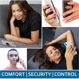 MOBI HANDLE Phone Grip Holder Ring Kickstand, Unique 3-Finger Shape for Comfort and Security with Strap, Lightweight, Durable, Scratch Resistant, Compatible with All Magnetic Mounts [Black]