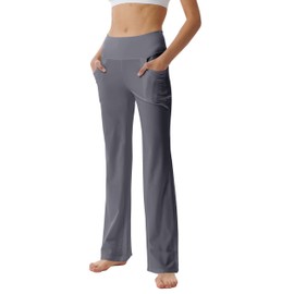 LaiEr Women's Bootcut Yoga Pants with Pockets High Waist Flared Bootleg Yoga Workout Pants with Side Pockets(Light Grey,L)