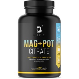Magnesio y Potasio 240 Cápsulas 1400 mg por porción. Adicionado con coco orgánico. Ingredientes naturales. Mag + Pot Citrate B Life.