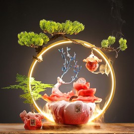 Deer Tabletop Water Fountain with LED Light Mist, Home Decor Includes Backflow Incense,Japanese Water Fountains for Meditation,Indoor Zen Decor for Office,Living Room or Bedroom (Blue)