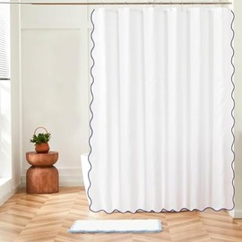 White with Navy Blue Scalloped border Shower Curtains 72" x 72" Rustic Shower Curtain or Modern Shower Curtain Bathroom Curtain with Scalloped all around. 100% Cotton 400 Thread Count