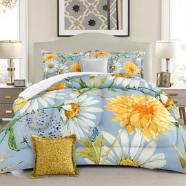 Suklly Daisy Comforter Set Queen Light Blue Spring Flowers 3 Pieces Microfiber Bedding Quilt for Couples Boys Girls Teens