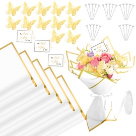 Flower Wrapping Paper, 20 Sheets Waterproof Bouquet Wrapping Paper, 3D Butterflies Greeting Cards Diamond Pin Ribbon for Flower Bouquet Florist Supplies Packaging Paper Birthday Wedding Gifts, White