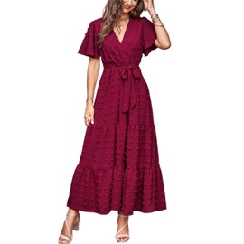 MASCOMODA Womens Boho Swiss Dot Maxi Dresses Wrap V Neck Flutter Short Sleeve Solid Tie Belt A Line Tiered Flowy Long Dress(Wine Red,Small)
