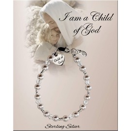 Precious Pieces Children's Sterling Silver "Child of God" Heart Charm Bracelet with High-End simulated pearls Baptism Gift (1-5 years)