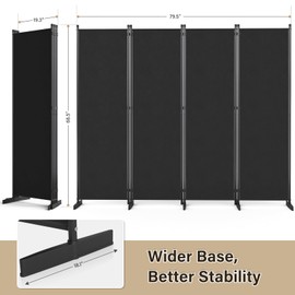 AKTOP Room Divider 4 Panel, 80" W Portable Wall Divider for Room Separation, Freestanding Partition Room Dividers, Folding Room Separators Privacy Screens for Home Office Bedroom, Black