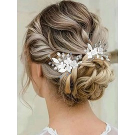 Heread Flower Bride Wedding Hair Pins Silver Leaf Bridal Head Piece Crystal Hair Accessories for Women and Girls (Pack of 2)