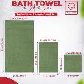 RIVERSIDE 8 Piece Towel Set, 2 Extra Large Bath, 2 Hand Towels, 4 Washcloths, 600 GSM 100% Cotton, Soft, Quick Dry, Highly Absorbent Towels for Bathroom, Spa, Gym, Sage Green