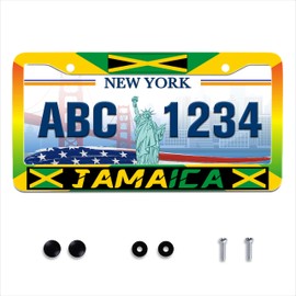 Jamaica License Plate Frame Jamaican Flag License Plate Holder Stainless Steel Auto Parts Decoration with Screws License Plate for Men Women 12x6 Inch