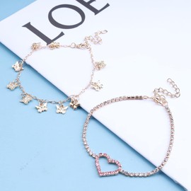 Atentuyi Gold Anklets Set Rhinestone Heart Anklet Tassel Pendant Tiny Butterfly Anklet Bracelets Charms Crystal Chain Foot Barefoot Beach Anklet Jewelry for Women and Girls 2 Pcs