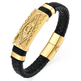 YL Skull Cross Freemason Christian Mens Bracelet, Handcrafted Black Braided Leather Stainless Steel Bangle Cuff Bracelets, Row Leather Punk Wristband, 8.27 Inches, Leather, no gemstone