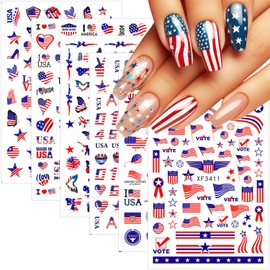6 Sheets 4th of July Nail Stickers Independence Day Nail Art Stickers Patriotic Nails Decals 3D Self-Adhesive Nails Art Supplies USA Flag Star Letter Design Nail Kit for Women Acrylic Manicure Salon