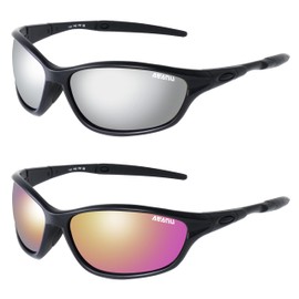 AEANU 2 Pack Sport Sunglasses for Men Women Adult, Lightweight Sport Glasses with UV Protection, Wrap Around Sports Sunglasses for Cycling Driving Running Fishing Camping, Mirror/Black Red