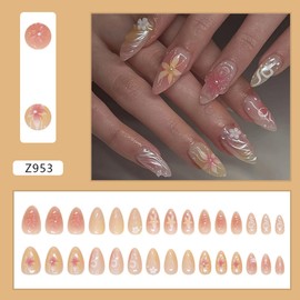 24Pcs Flower Press on Nails Almond Medium Fake Nails French False Nails with 3D Flowers Pearls Nail Designs Luxury Acrylic Nail Art Supplies Full Cover Artificial Fingernails for Women
