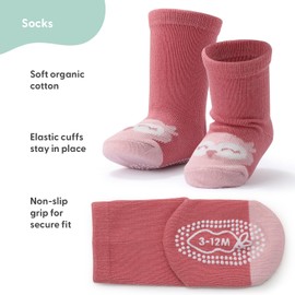 The Peanutshell Organic Baby Girl Socks for 3-12, 12-24 Months - Non-Slip Grip, Soft and Breathable 100% Cotton Baby Crew Socks - All Day Comfortable Design - Blush