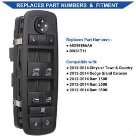 Obaee Window Switch Driver Side Power Control Button Compatible with 2012-2014 Chrysler Town & Country, Dodge Grand Caravan/Ram1500 2500 3500 Replacement OEM 68298866AA DWS1711, Double Auto Blue light