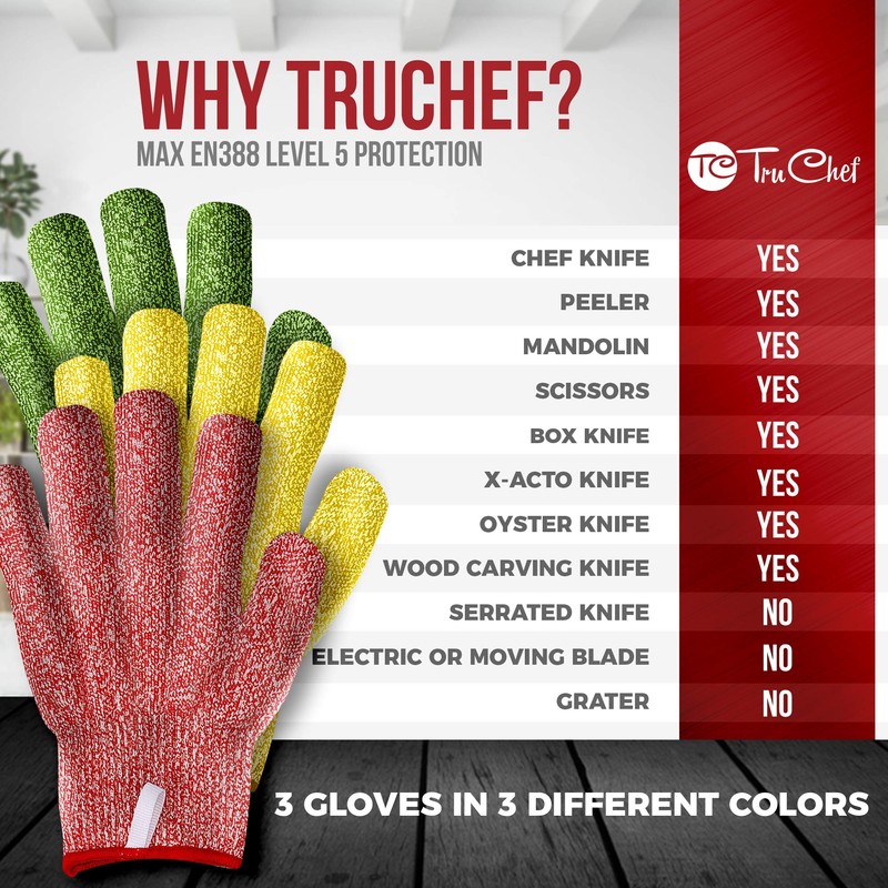 TruChef Cut Resistant Gloves - 3 Pack, Food Grade, Fits
