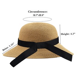 Girls Wide-Brim Straw Sun-Hat for Summer Beach with Bow 2 to 5 Years Khaki