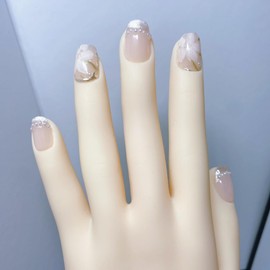 For office workers short French Manicure Faux Nails, Hand Painted Petal Design, Pearl Inlay, Daily Wear Nail Art,Small