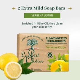 Le Petit Olivier Extra Mild Soap - Verbena Lemon - Gently Cleanses Skin - Delicately Perfumed - Moisturizing And Softening - Vegetable-Based - Eco-Friendly Packaging - Paraben Free - 2 Pc