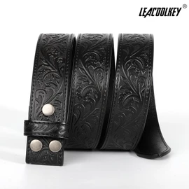 LEACOOLKEY Western Belt Strap for Men without Buckle 1.5" Wide Floral Engraved Embossed Leather Belt Strap,Black,Fit Size 46"-50"