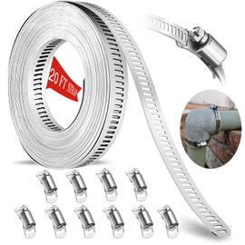 WSWECCL Hose Clamps 20FT Strap+10 Fasteners,DIY Cut-To-Fit 304 Stainless Steel Adjustable Large Worm Gear Band Clamp Assortment Kit,Metal Screw Fasteners and Strapping for Pipe,Duct,Pole,Tube