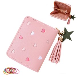 Girls Purse, Cute Slim Short Small Kids Wallet with Embroidery Hearts, PU Leather Ladies Purse with Tassel Zipper for Teens Girls Women (Pink)