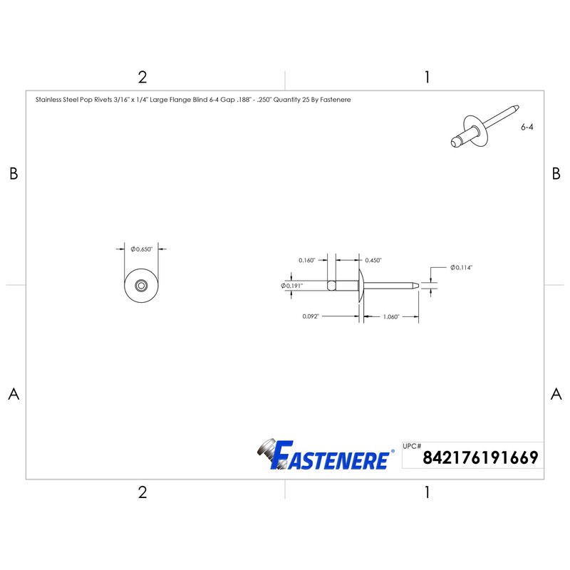 Large Flange Pop Rivets 3/16" x 1/4" Stainless Steel Blind